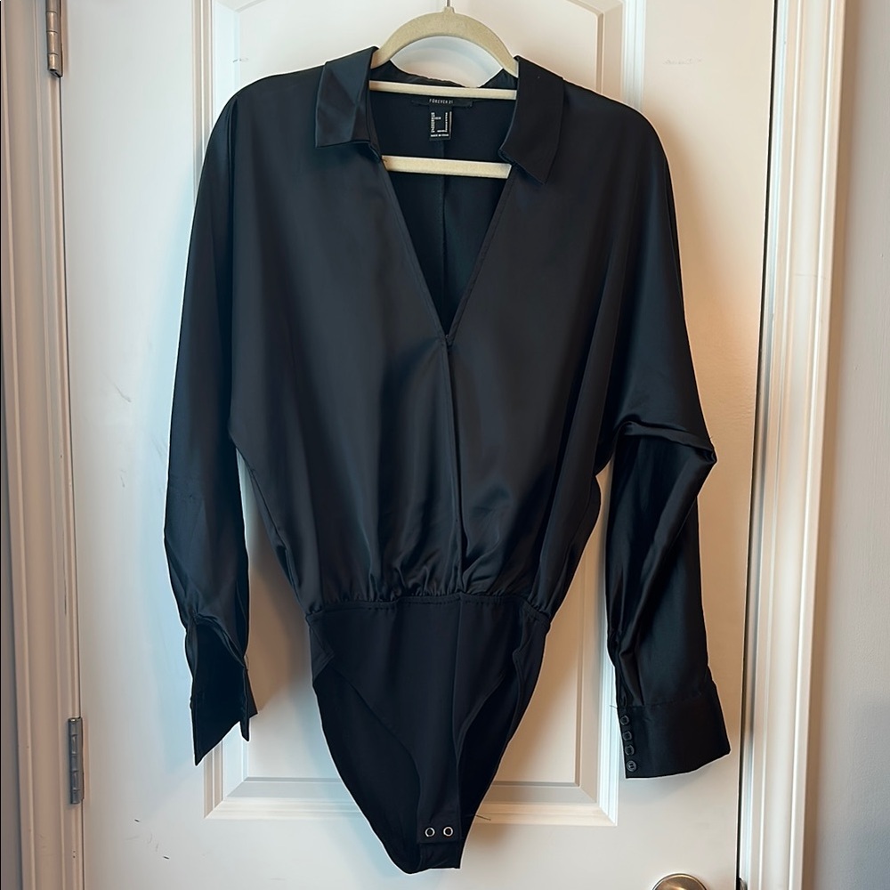 Forever 21 Black Bodysuit with Long Sleeves and V-Neck